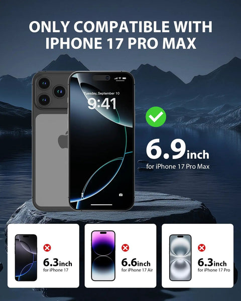 iPhone 17 Pro Max Privacy Screen Protector 6.9 Inch Purple Gradient Anti Spy Glass Shield Anti Blue Light HD Tempered Glass With Easy Install Keeps Your Screen Private at Every Angle displayed on a phone with compatibility information.