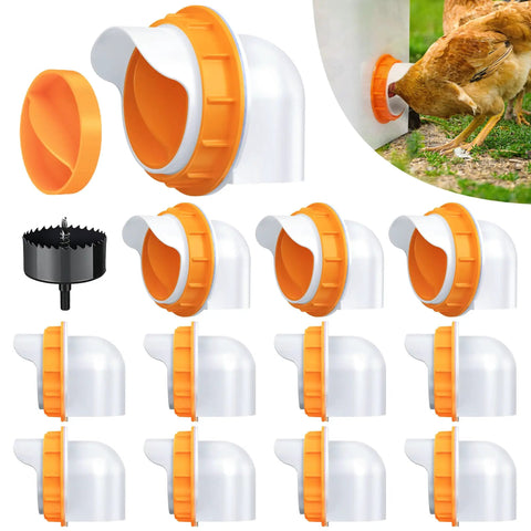 Orange 12 Pack Chicken Feeder Ports With Lids Drill Bit DIY Automatic Poultry Feeder Cups Kit For Barrels No Waste Spillage Reduction