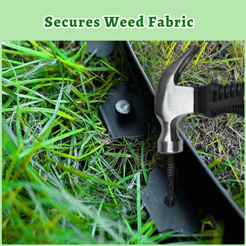 40 Ft Black Garden Edging Kit With 2 Inch Tall Border, 8 Inch Spiral Anchoring Spikes, And Garden Pruning Scissors securing weed fabric