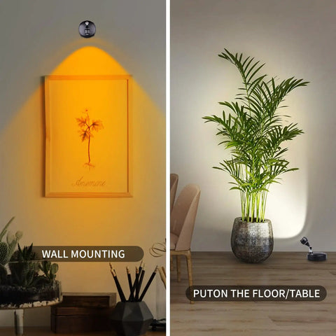 Wireless Spotlight Set With Remote Control Battery Powered LED Grow Lights illuminating wall art and indoor plant.