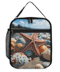 Colorful Starfish Beach Lunch Box Insulated Tote with Side Pocket, showing starfish design on front, detachable handle visible