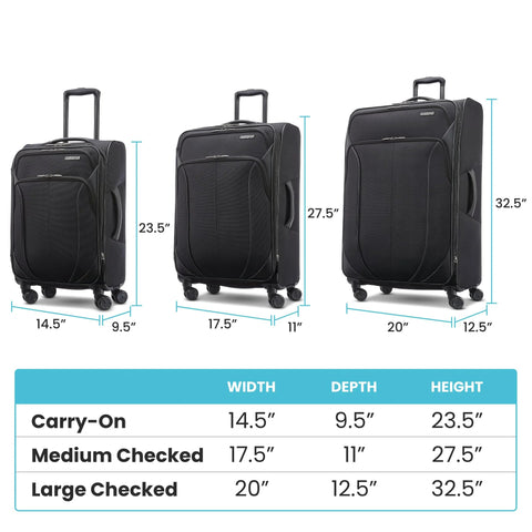Three sizes of black lightweight spinner carry-on luggage with measurements displayed.