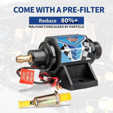 12V Electric Fuel Pump For Gasoline Engines, 5-9 PSI, 35 GPH, 5/16 Inch Inlet And Outlet with pre-filter