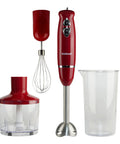 Heavy Duty 4 In 1 Immersion Hand Blender With Rock Solid 500W Motor And Two Speed Settings Featuring Splash Control Tech and accessories.