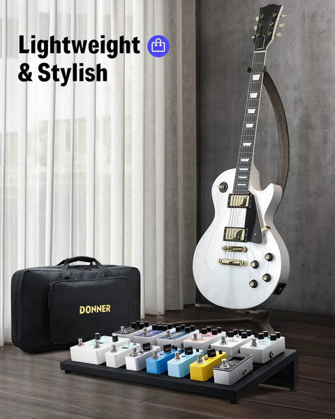 Ultra Lightweight Aluminum Guitar Pedalboard Case 20x11.4x4 Inches With Storage Bag, guitar, pedal setup in studio.