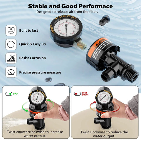 Manual air-relief valve for pool filter with pressure gauge; black plastic body, includes plug and O-rings (front view)