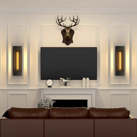 Industrial Black Wall Sconces Set of 2, Vintage Style Bar Lights with E26 E27 Base installed in a modern living room setting