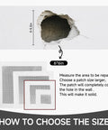 Instruction for selecting size of 19 Piece Wall Repair Patch Kit With Aluminum Self Adhesive Patches For Small To Large Holes Includes 2 By 2 Inch 4 By 4 Inch 6 By 6 Inch And 8 By 8 Inch Metal Patches Scrapers Sandpaper And Gloves For No Sweat Drywall Fix