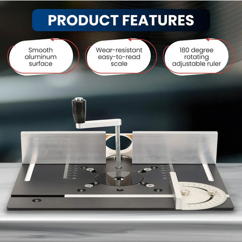 Heavy Duty Aluminum Router Table Insert Plate With Tough Badass Glide Coating And Zero Sweat Laser Scaled Markings showing smooth surface and adjustable ruler.