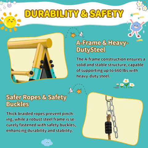 Durability features of heavy duty backyard swing set for kids with 2 swings, climbing ladder, nets, trapeze bar, soccer goals, basketball hoop, up to 660 lbs, 7 in 1 outdoor playset for ages 3 to 12, built tough metal frame.