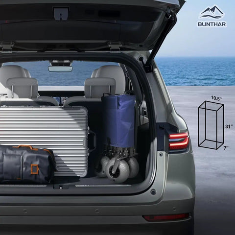 Heavy Duty Beach Wagon With Big Sand Wheels, Collapsible Folding Cart For Sand stored in SUV trunk, dimensions shown