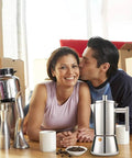Smiling couple with Stainless Steel Stovetop Espresso Maker 6 Cup Moka Pot For Induction 10 Oz Italian Style Coffee Pot