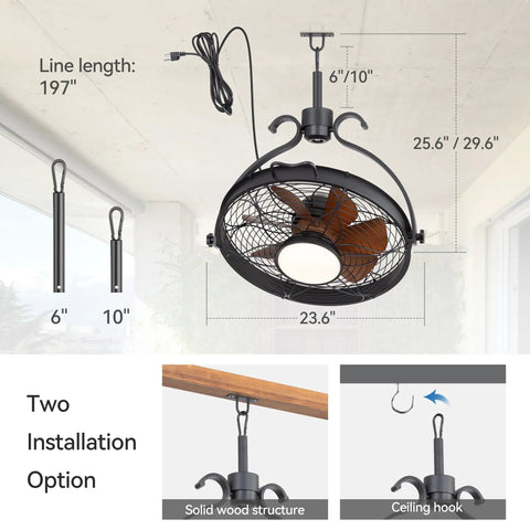 All Weather Outdoor Ceiling Fan With Light For Gazebos And Patios, 23.6 Inch Ultra Quiet DC Motor, Black Caged Design installation options