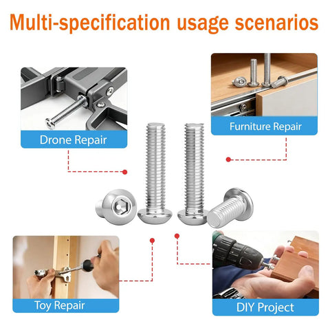 1/4-20 X 3/8 Button Head Hex Socket Bolts Made From 304 Stainless Steel shown in use for drone, furniture, toy repairs, and DIY projects.
