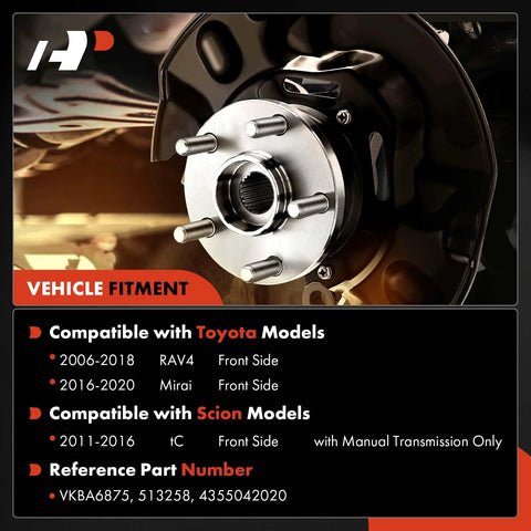 Two Front Wheel Bearing And Hub Assembly Pack Fits Toyota RAV4 2006 2012 V6 Engine And 2013 2018 Models Mirai 2016 2020 Scion tC 2011 2016 Non ABS 5 Lug Manual Transmission Compatible Heavy Duty Load Bearing For A Smooth Ride And Easy DIY Replacement front view