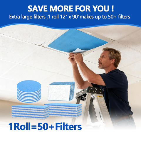 Man installing Air Vent Filter Roll 12x90 Cut To Fit MERV 8 Triple Filtration Electrostatic Vent Filter for Home HVAC on ceiling
