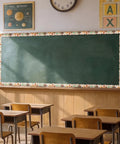 Classroom chalkboard with Dope Vintage World Map Travel Bulletin Board Border 68.9 Ft Long 2.99 In High as a decorative trim.