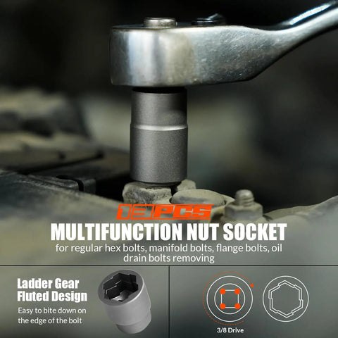 Close-up of a multifunction nut socket in use with a wrench on a bolt, showcasing ladder gear fluted design and 3/8 drive.