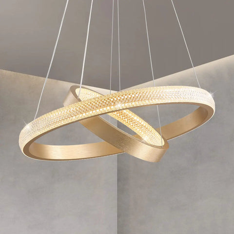 Modern Led Ring Chandelier With Gold Finish Aluminum Rings Crystal Acrylic Pendant Lights For Dining Room Living Room And Foyer