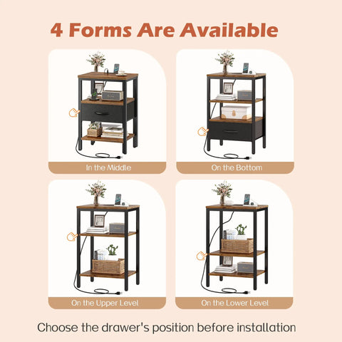 Diagram showing four configurations of a Nightstand With Charging Station And USB Ports, fabric drawer in different positions.