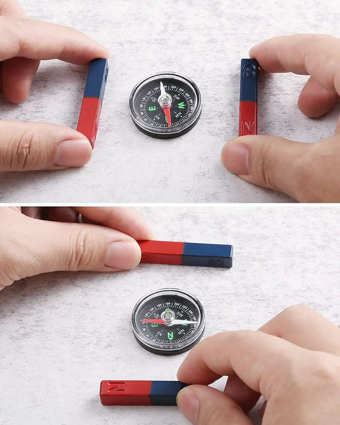 Hands On Magnet Kit For Kids With 13 Magnets And Accessories For STEM Experiments Bar Ring Horseshoe Compass Magnets Include Realistic Physics Toys And Complete Education Tool Set For Home showing bar magnets with compass in use.