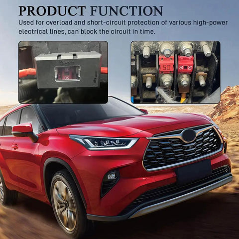 Heavy Duty 40 Amp Bolt On Automotive Fuses Copper Clad High Current Battery Protection Fork Terminal Quick Install RVs Trailers Straight Up Bulletproof with red vehicle and fuse details.