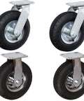 No Sweat Rolling 10 Inch Pneumatic Caster Wheel Set Featuring Thick Shock Absorbing Rubber And Bulletproof Swivel Base Mounted On Steel.