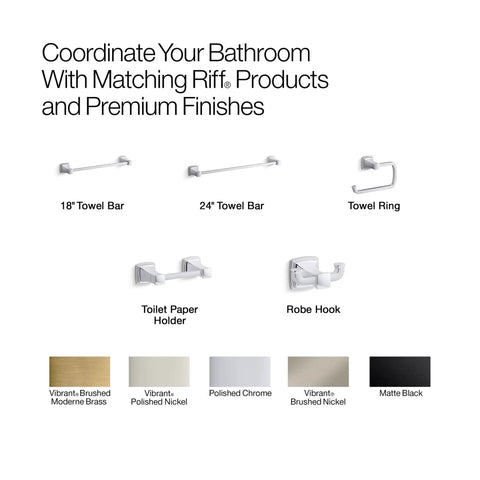 Riff 24 Inch Towel Bar Polished Chrome Built To Last Durable Zinc Construction displayed with matching bathroom hardware
