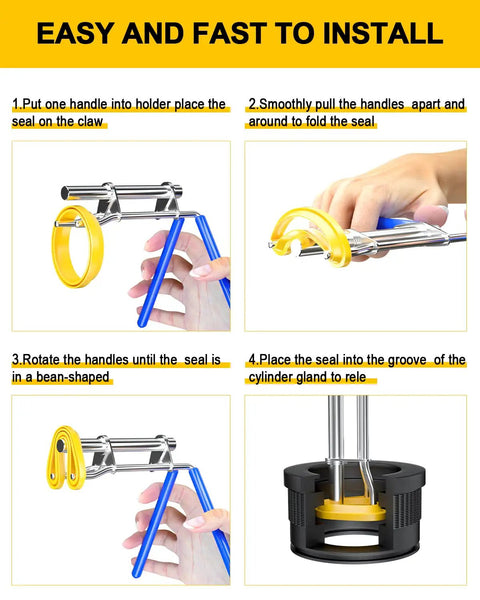Hydraulic Seal Installation Tools Set Pro Grade 3 Piece Upgrade Kit showing installation process with U Cup Rod Seal Installer Twistor.