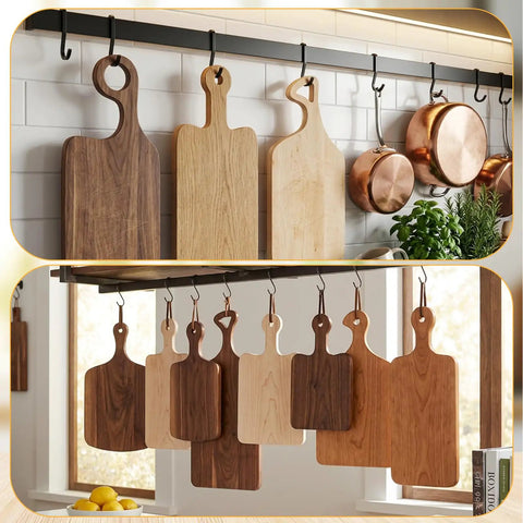 Slick Clear Acrylic Charcuterie Board Templates Kit With Three Woodworking Pens displayed with wooden boards hanging in kitchen.
