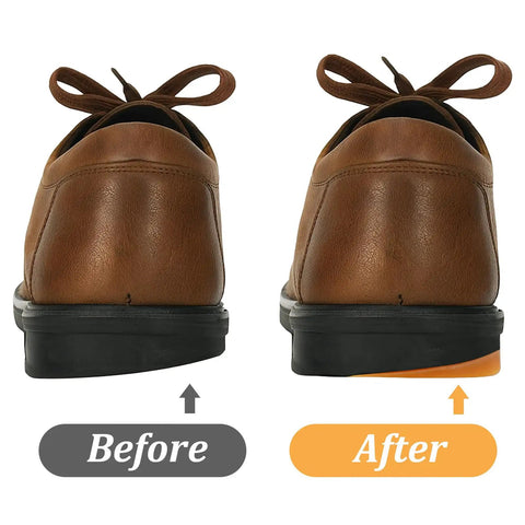 Comparison of shoe before and after using Bevel Design Rubber Heel Patch Kit For Shoes With Anti Slip Patches 2 Pairs Heel Lifts And Insoles