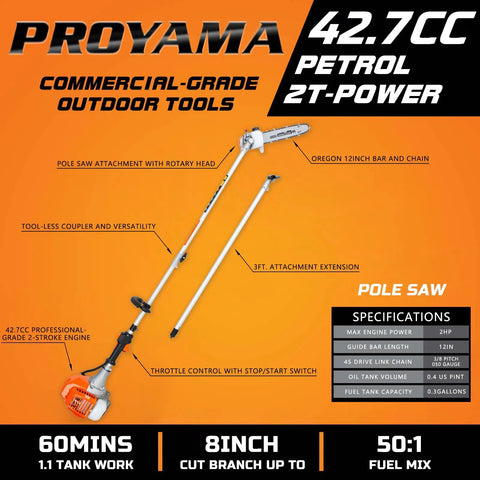 Gas Powered Pole Saw With Adjustable 90 To 180 Degree Head For A Beastly 15 Ft Reach Includes 12 Inch Bar And Chain And 38 Inch Extension For Tree Trimming And Tall Branches shown with specifications and features.