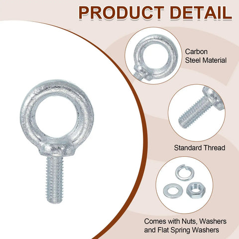 Beefy Heavy Duty Galvanized Carbon Steel M8 Eye Bolts Kit 5 Pack With Nuts And Washers Lifting Ring Bolts 0.79 Inch Thread 16mm Inner Ring 30mm Outer For Tie Downs Indoors Outdoors, carbon steel eye bolt