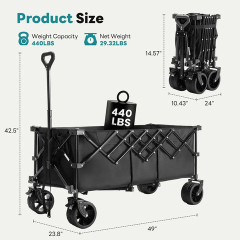 Extra Long Folding Wagon Cart With 49 Inch Unfolded Length 440 Lbs Capacity Built For Beasts All Terrain Wheels Black