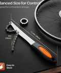 Heavy Duty Chain Whip Bike Tool For Easy Cassette Removal With Non Slip Rubber Grip Handle and measuring tape.