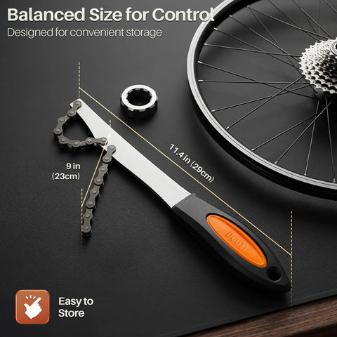 Heavy Duty Chain Whip Bike Tool For Easy Cassette Removal With Non Slip Rubber Grip Handle and measuring tape.