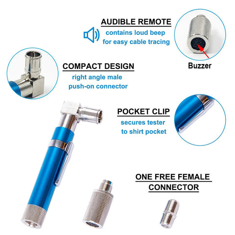 Coax Cable Finder Kit Pocket Toner And Continuity Tracer with Light and Buzzer, detachable connectors, and compact blue design.