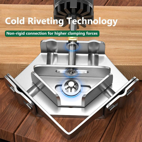 Heavy Duty 90 Degree Corner Clamp With Super Sturdy Grip For Woodworking Welding And Framing Jobs One Hand Operation Stainless Steel Workhorse showing cold riveting technology for clamping.
