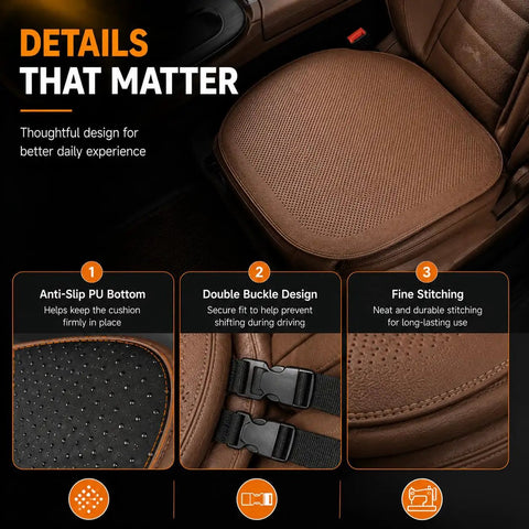 Premium Leather Car Seat Cushion For Mini Roadster Countryman And Paceman Electric Jcw Models With Thin Breathable Perforated Surface Non Slip Base shown with anti-slip PU bottom and double buckle design.