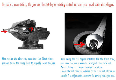 Versatile Clamp On Bench And Table Vise With 360 Degree Rotation Quick Adjustment Dual Purpose Jaw Heavy Duty Clamp For 4 Inch Base Clamping Range Home Shop And Workbench 3.3 Inch Jaw Size Black shown locked with instructions.