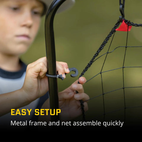Child assembling PitchBack Baseball And Softball Pitching Net And Rebounder For Fielding Practice with metal frame and net