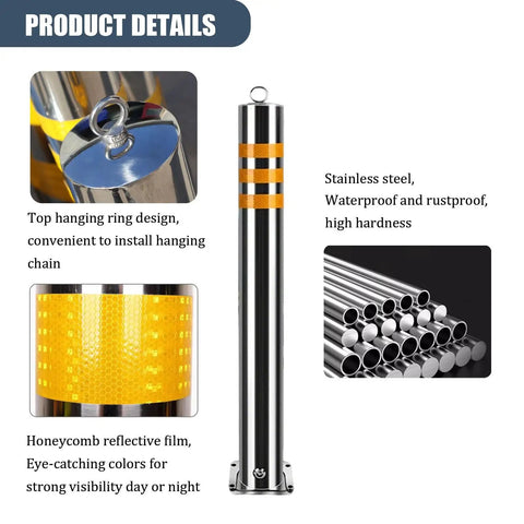 Hella Sturdy Heavy Duty Stainless Steel Safety Bollards 2 Pack Removable Parking Barrier Posts With Lock And Reflective Strips For Driveway Security And Traffic Control Outdoor Guard Posts, detailed view of reflective features and hanging ring.