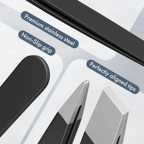Close-up of Two Pack Eyebrow Tweezers Set Dope Slant And Point Tip Stainless Steel Pro Grade Precision Tweezers with labels