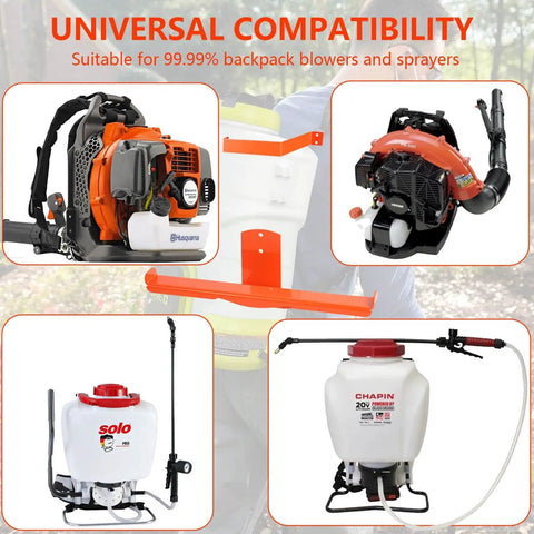 Collage of backpack blowers and sprayers compatible with Heavy Duty Backpack Storage Rack With Hose Holder And Dual Hooks Wall Mount