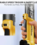 Professional 3/8 Cordless Ratchet Wrench With Brushless Motor And Knockout Torque showing variable speed trigger and safety lock.