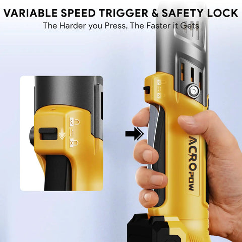 Professional 3/8 Cordless Ratchet Wrench With Brushless Motor And Knockout Torque showing variable speed trigger and safety lock.