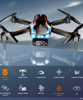 2K HD FPV Drone With Altitude Hold And 90 Degree Camera on blue surface, displaying features like speed modes and headless flight.