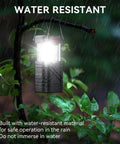 Water-resistant 4 Pack LED Camping Lanterns With Solar USB Rechargeable AA Battery Power Options in rain, hanging outdoors