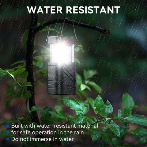 Water-resistant 4 Pack LED Camping Lanterns With Solar USB Rechargeable AA Battery Power Options in rain, hanging outdoors