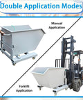 No Sweat Heavy Duty Steel Self Dumping Hopper Shifts From Forklift Or Push Cart Mode Effortlessly showing manual and forklift applications.